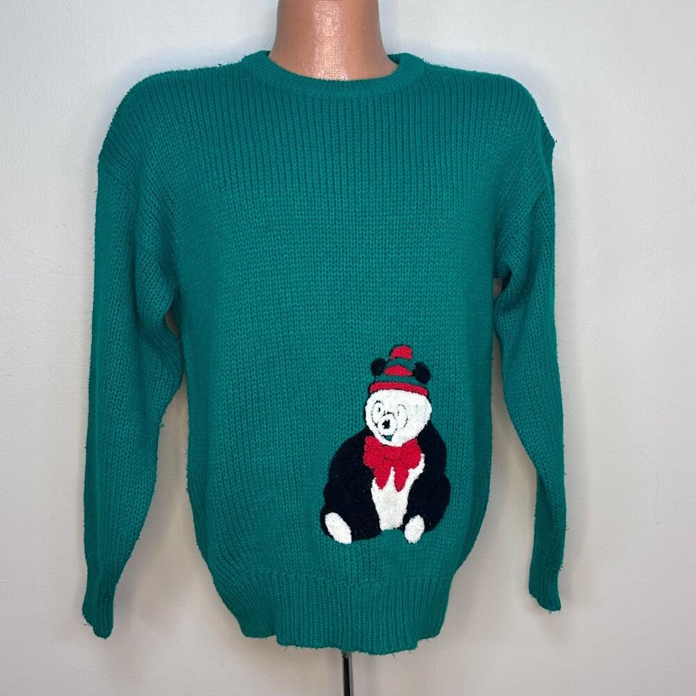 Vintage 1980s Green Sweater with Panda Bear Patch Radishes and Roses Size Medium